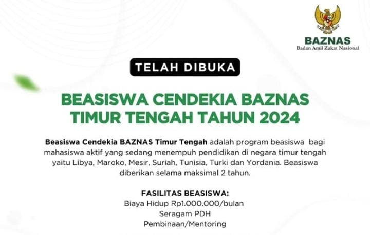 Penting! Beasiswa Cendekia Baznas Timur Tengah 2024 Dibuka, Fasilitas Beasiswa Rp1 Juta Per Bulan