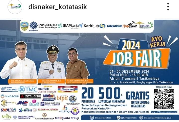 Pengumuman, Bakal Ada Job Fair 2024 di Kota Tasikmalaya, Tersedia 500 Lebih Lowongan Kerja